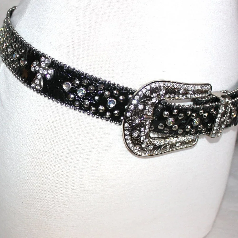 Western Black Bling Cross Belt & Buckle Clear Crystal Accent Genuine Leather SM